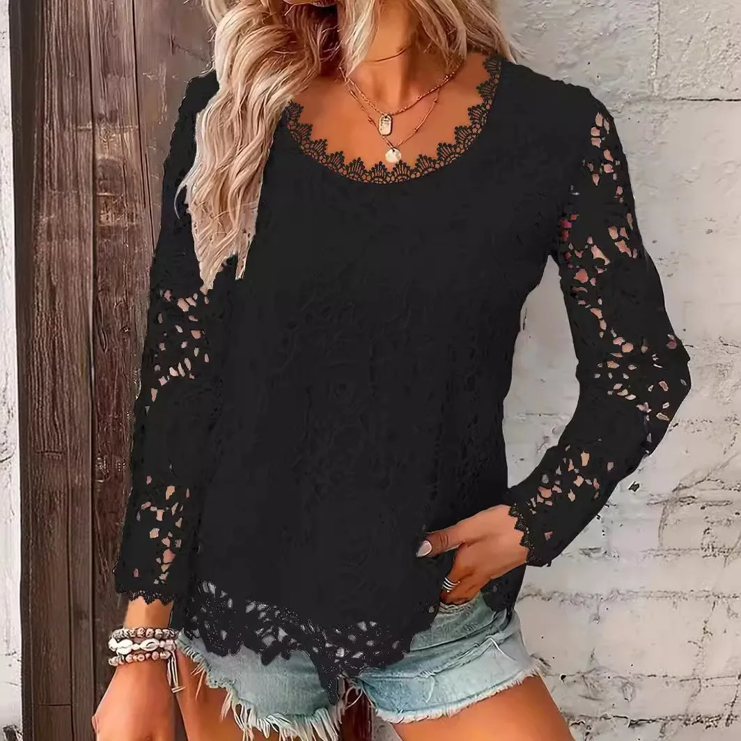 Round Neck Long Sleeve Top Regular Fit Streetwear with Wrinkle Finish Pullover Casual Spring 3D Pattern Women Long Sleeve Shirt