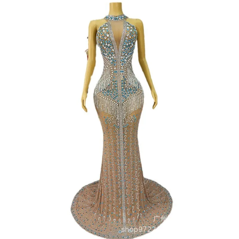 Heavy Industry Luxury Tassel Blue Enchantress Celebrity Birthday Light Luxury Dress Company Annual Meeting Elegant Evening Dress