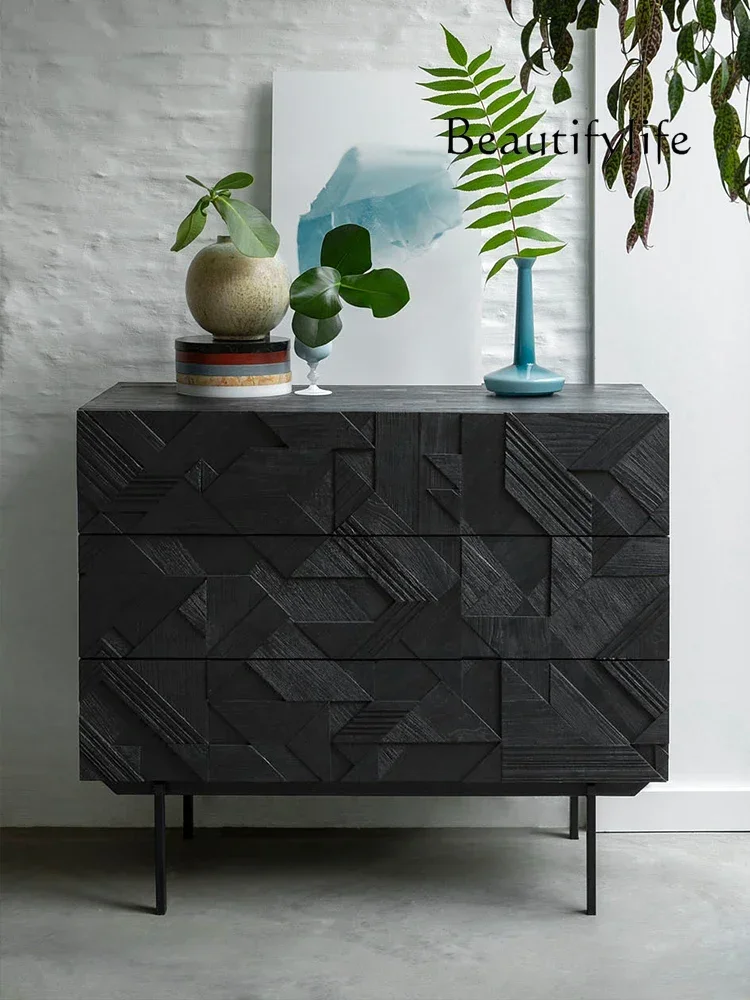 American-Style Middle-Ancient Household Industrial Style Solid Wood Mosaic Three-Drawer Cabinet