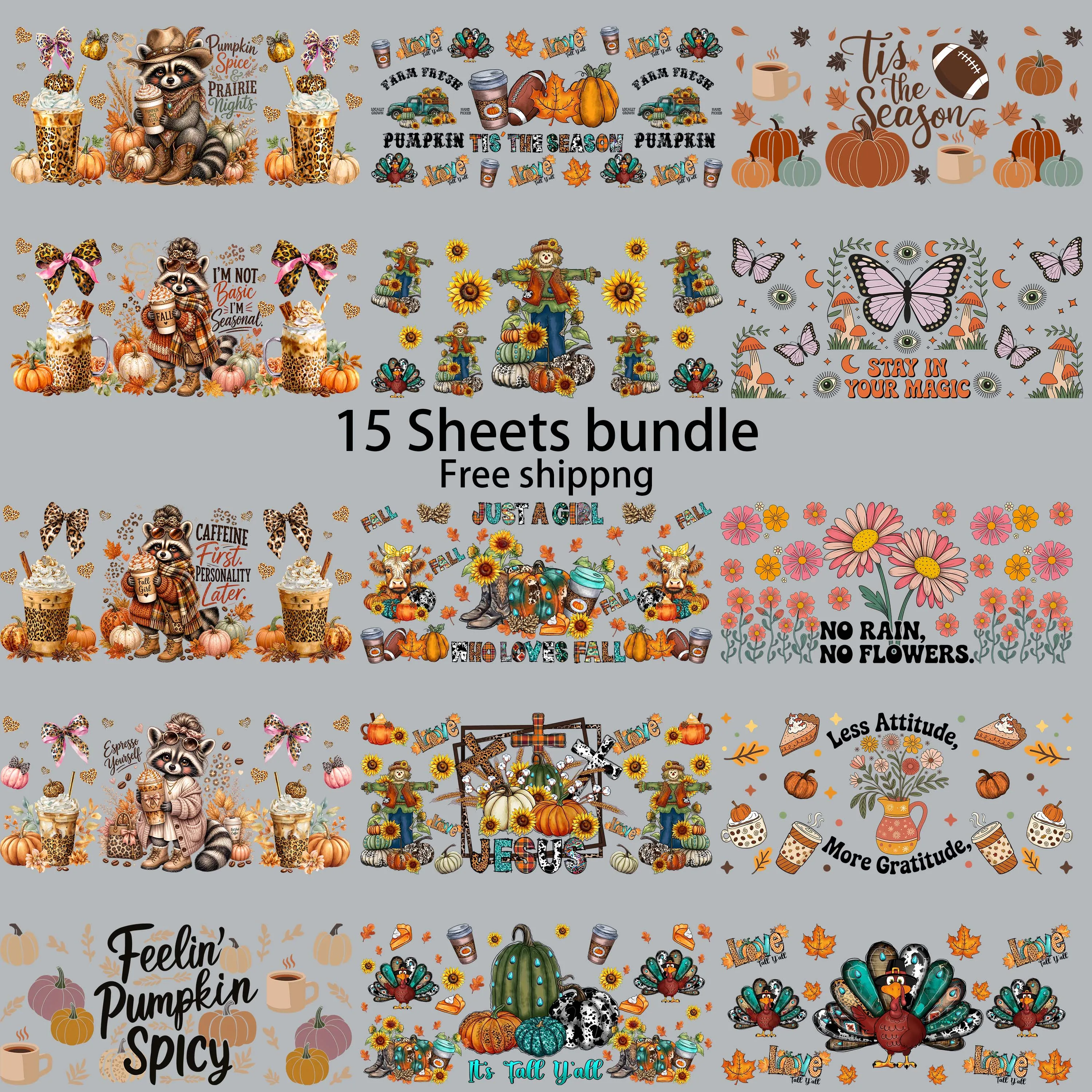 15pcs Autumn Pumpkin Cozy 16oz UV DTF Sticker Waterproof Party DIY Decals 3D transfers uvdtf tumbler stickers uv dtf cup wrap