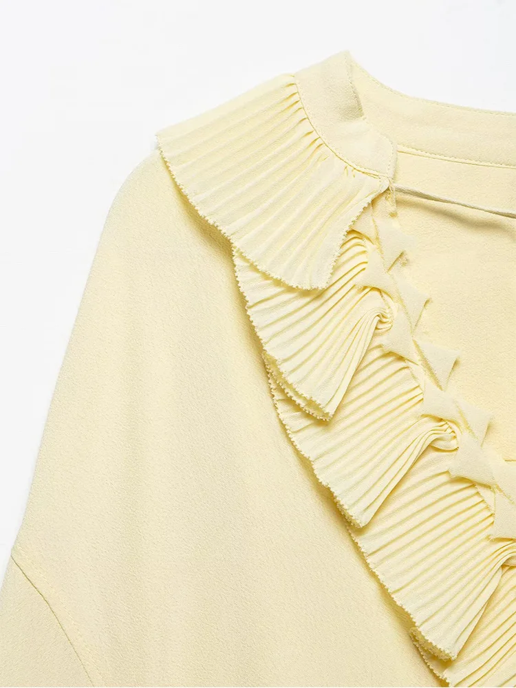 ZAJIA 2025, neue Damenbekleidung, europäischer und amerikanischer Stil, modisch, lockerer V-Ausschnitt, Rüschenwelle, verspielter Stil, Hemdoberteil