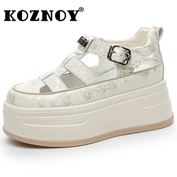 Fujin 7cm prawdziwej skóry ukryte obcasy platformy klinowe mieszkania sandały Chunky Sneaker moda krowa Hollow letnie czółenka buty damskie