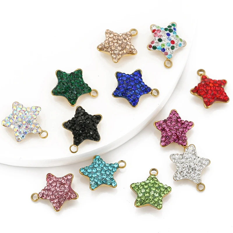 5pcs 11mm Stainless Steel Micro Rhinestone Colorful Star Charms Pendant for DIY Earrings Necklace Bracelet Luxury Jewelry Making