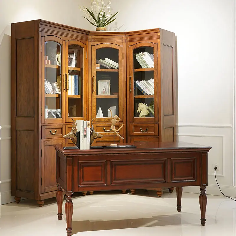 

American solid wood desk and bookcase integrated | Villa home large desk with bookshelf retro office desk