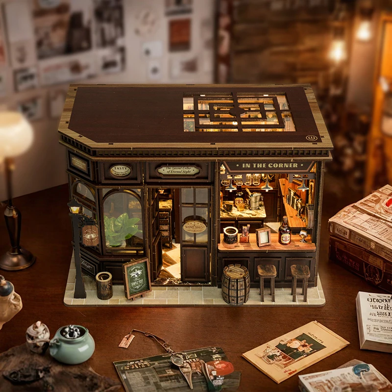 

DIY Book Nook Kit - Corner Tavern Themed Miniature Doll House, 3D Wooden Puzzle Model Building Set with LED Lights