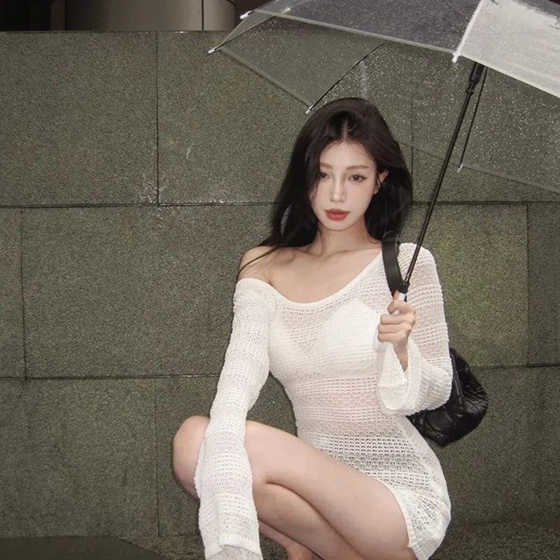 White Hollow Out Open Shoulder Long Sleeve Women Knitted T Shirt Summer Loose Drawstring Sun Protection Blouse Sexy Sweet Dating