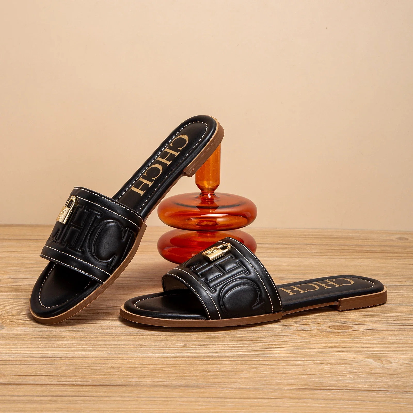 C-H امرأة حذاء مسطح صيف جديد بلون تنقش الصنادل شباشب على الموضة بسيطة للفتيات الطلاب الأحذية #6