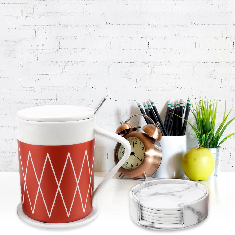 PU Leather Anti-Slip Heat Insulated Table Placemats Marble Coaster Drink Coffee Cup Mat Tea Pad Placemats 6PCS Creative