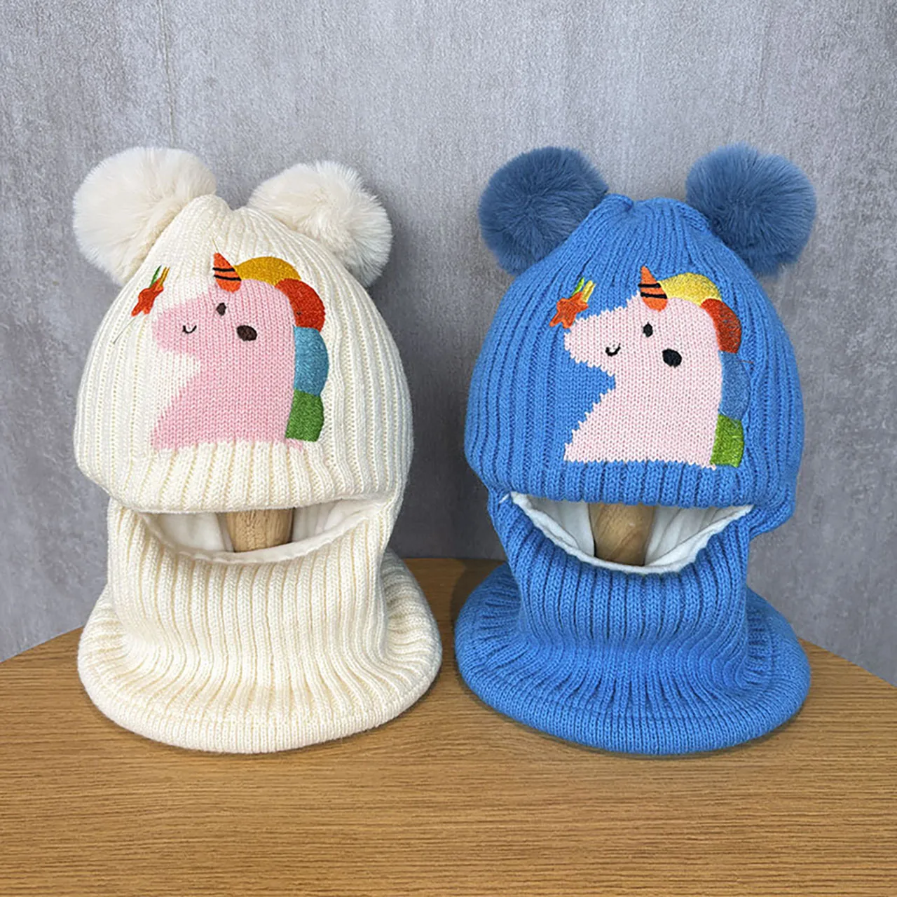 Cute Cartoon Baby Scarf One Piece Hats Winter Thicken Face Protection Boy Girl Hooded Bonnet Outdoor Riding Windproof Earmuffs