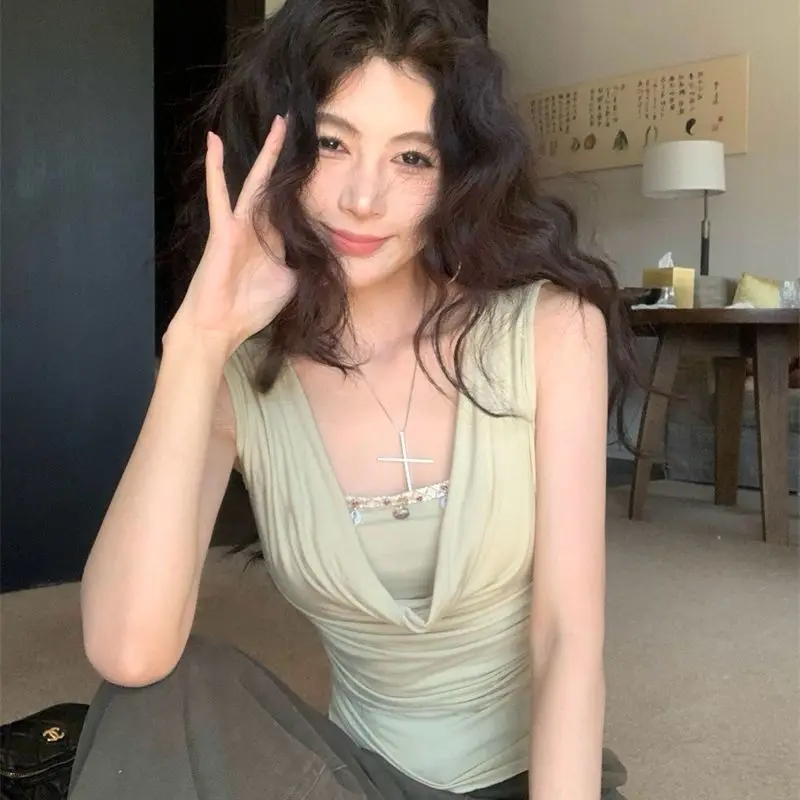 

​​2025 Summer Cropped Corset Top Draped Neck Two Tone Sleeveless Built-in Layered Shirt Women Soft Sexy​​