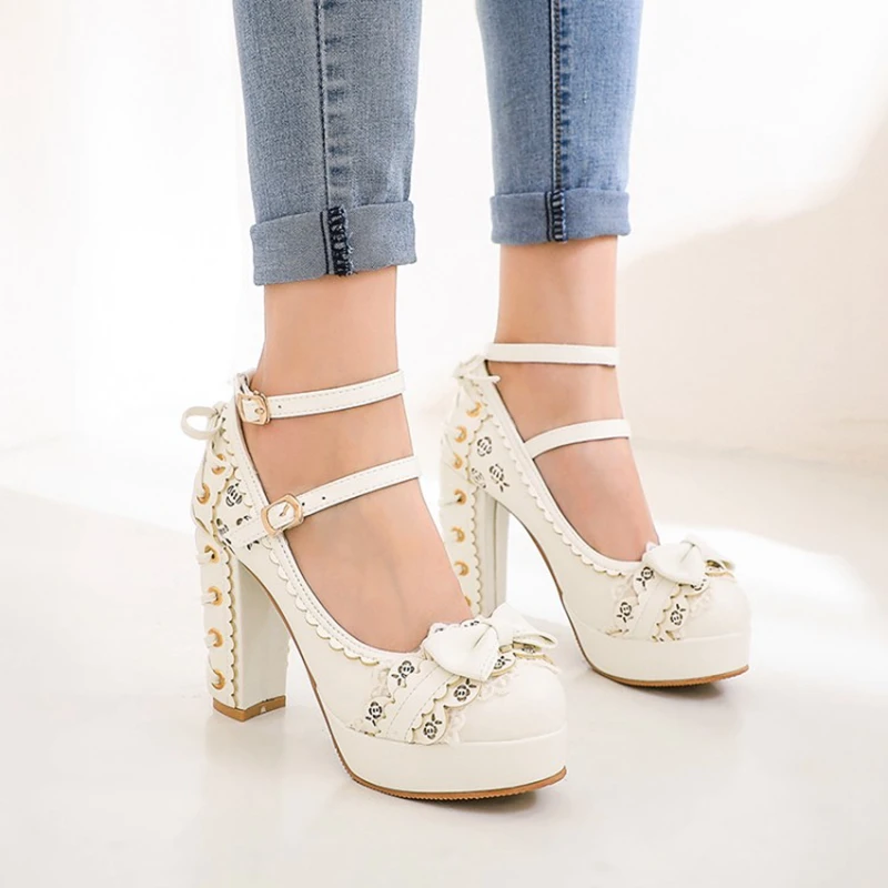 Summer 2027 Ladies 2.5 Platform Cute Bow Lace Princess Lolita Shoes Party 10cm High Heel Buckle Big Size 43
