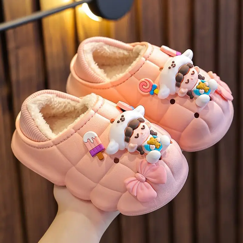 Blaue Babi Winter Fell verstopft Kinder Hausschuhe für Mädchen Indoor Outdoor Panto letten Schuhe Kinder wasserdichte Loafer Slipper Flip Flops