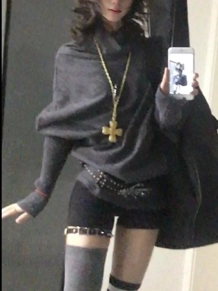 2000s Korean Fashion Slim Batwing Sleeve Autumn Sweaters Y2k Pure Color Subculture Casual Long Sleeve Pullovers Sweaters Chic