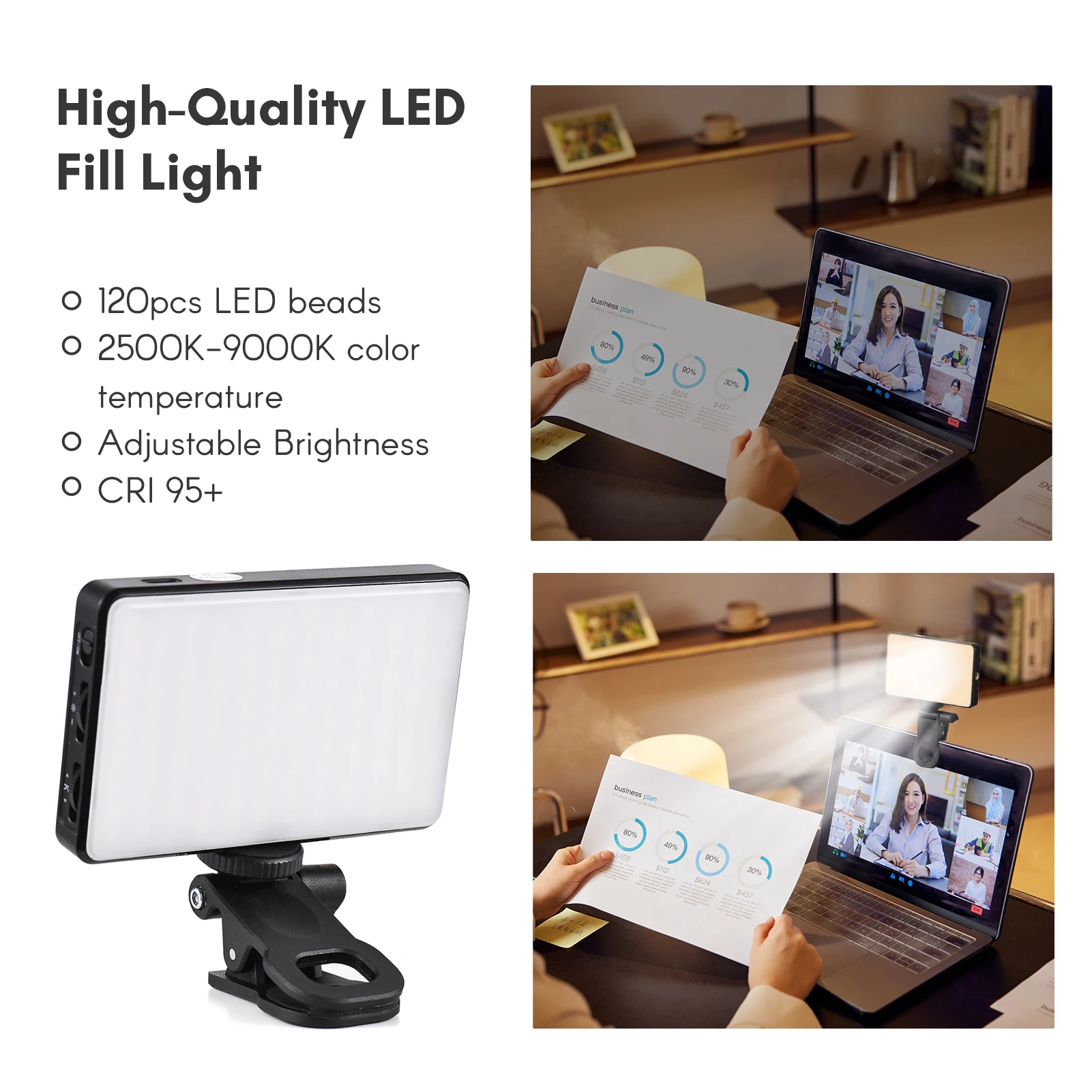 Portable Clip On Photo Light 2500K to 9000K Brightness Adjustable 12W LED Video Conference Fill Light for Computer Tablet Phone