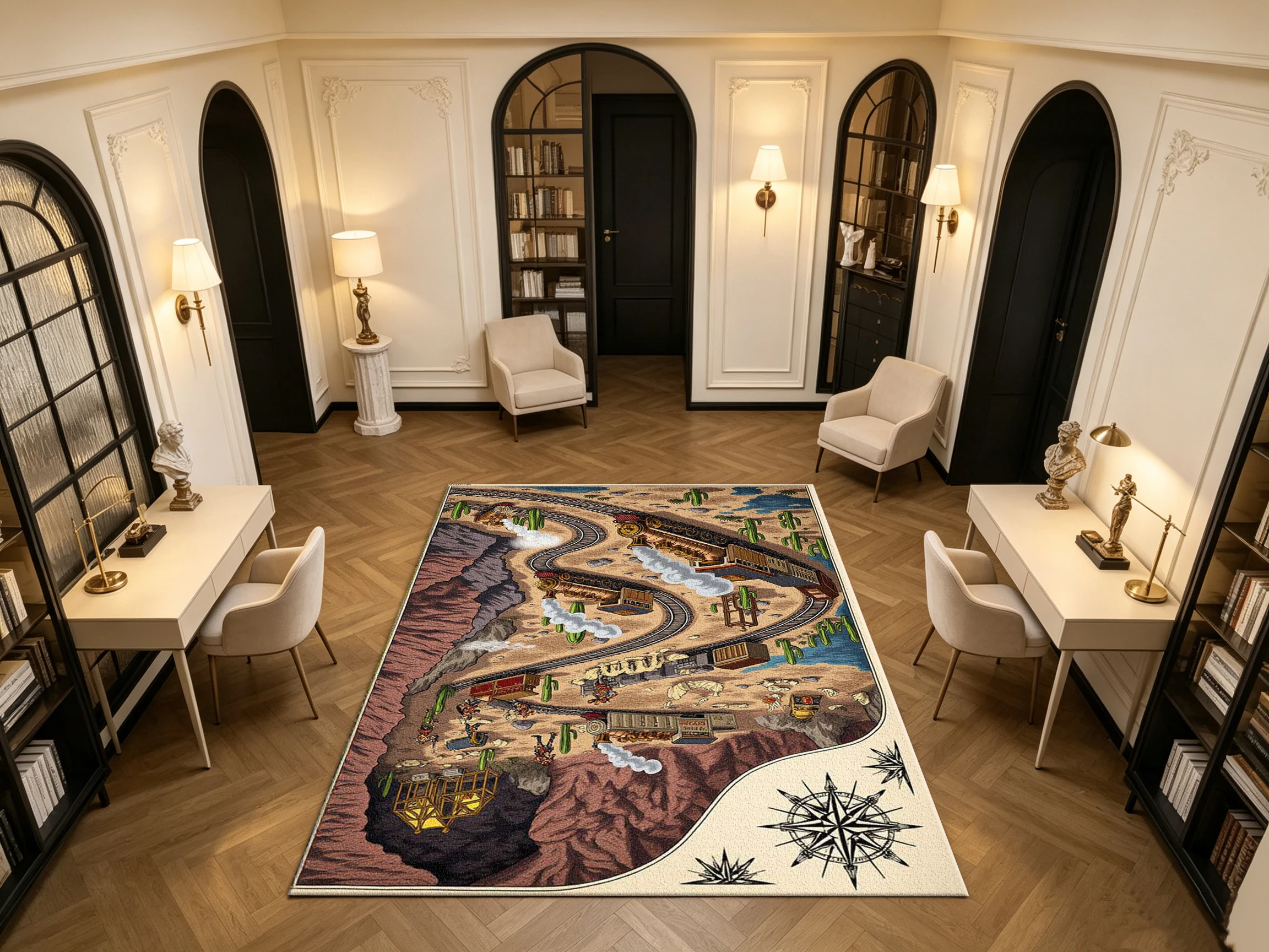 Western Desert Steam Train Adventure Map Carpet Flooring Retro Wild West Railroad Household Indoor Decor Floor Rug