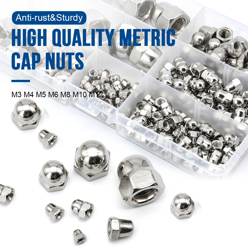 NINDEJIN 190pcs Acorn Nut Kit M3 M4 M5 M6 M8 M10 M12 Stainless Steel Hexagon Dome Cap Nut Set Blind Nut Assortment Kit