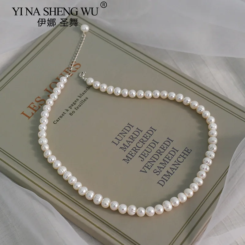 925silver Pearl Necklace Women's Simple Light Luxury Clavicle Chain Freshwater Pearl Growth Wrinkle Design Sense Women's Jewelry