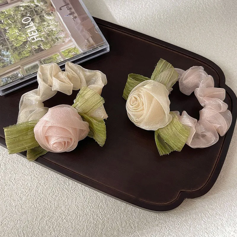 Sweet Rose Flower Chiffon Hair Scrunchies For Women Girl Elegant Simple Flowers Ponytail Hair Rope Headdress Hair Accessories