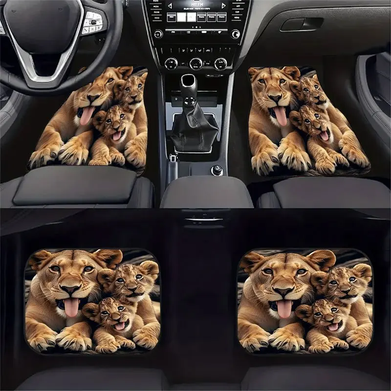 4 Cute Lion Pattern Car Floor Mat Set, Universal Anti-slip Mat, Crystal Velvet Material, Decorate The Interior Space, Effectivel