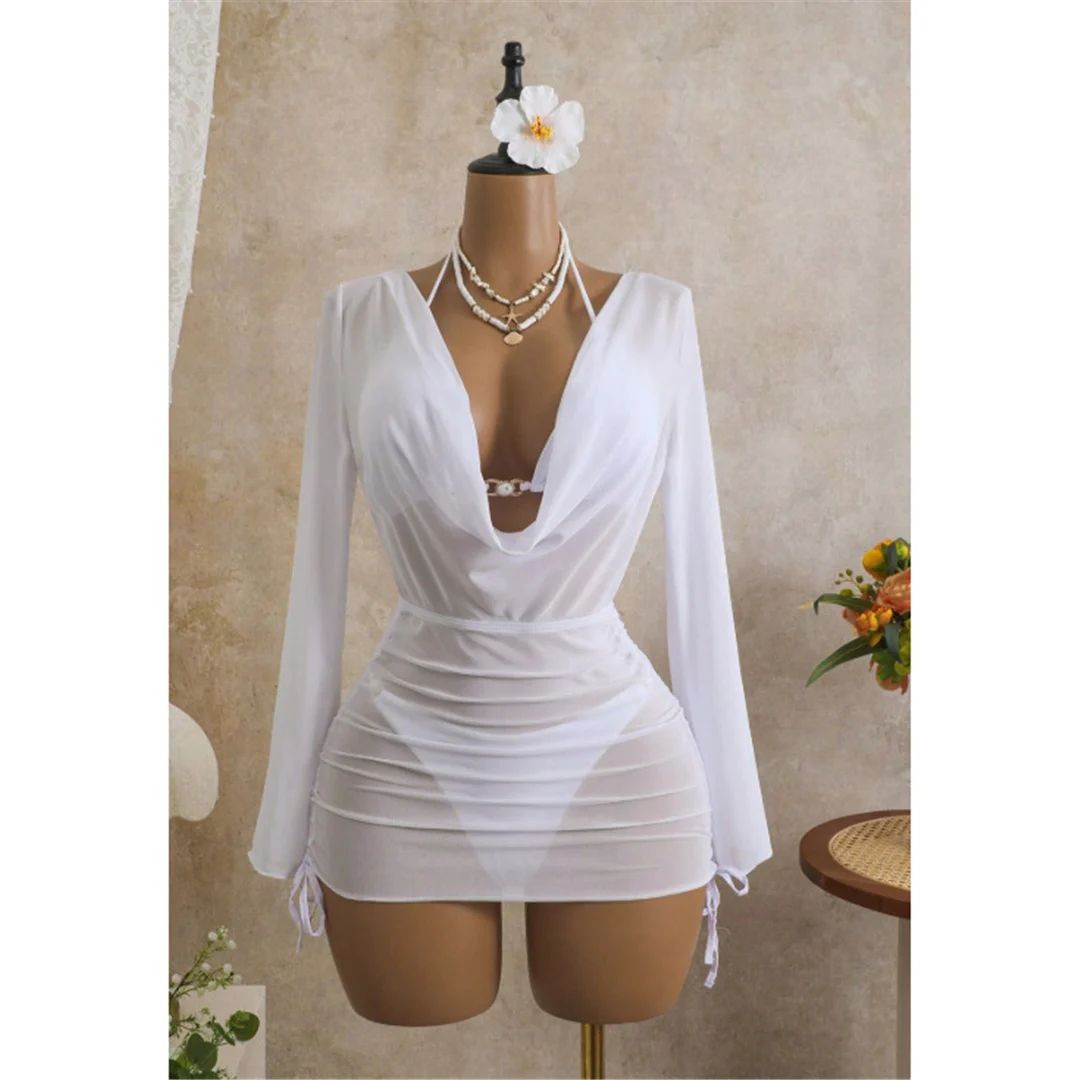 S - XL 3-teiliges Set mit langärmeligem Kleid, Bikini, Damen-Badebekleidung, Damen-Badeanzug, dreiteiliges Bikini-Set, Badeanzug, Badebekleidung, Schwimmbekleidung V7757 – Detail 5