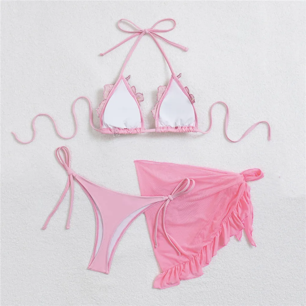 Pink Sequin Flower Swimwear Halter String Triangle Bikinis Sets 3 Pieces Cover Ups Micro Thong Sexy Swimsuit Women 2026 Bikini