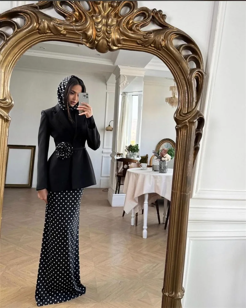 

Saudi Arabia Women Prom Dress With Scarf 2 Pcs Women Suit Skirt Set Flower Blazer+Long Party Gown Formal Evening Birthday Robe