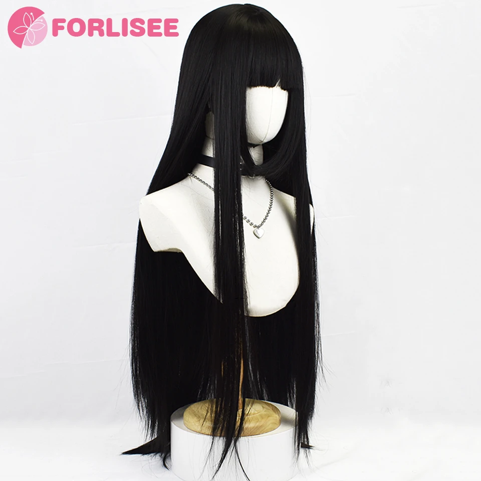 FORLISEE Synthetic Lolita Princess Cut Hairstyle Natural Black Extra Long Straight Wig For Women Daily Party Use 35 Inch