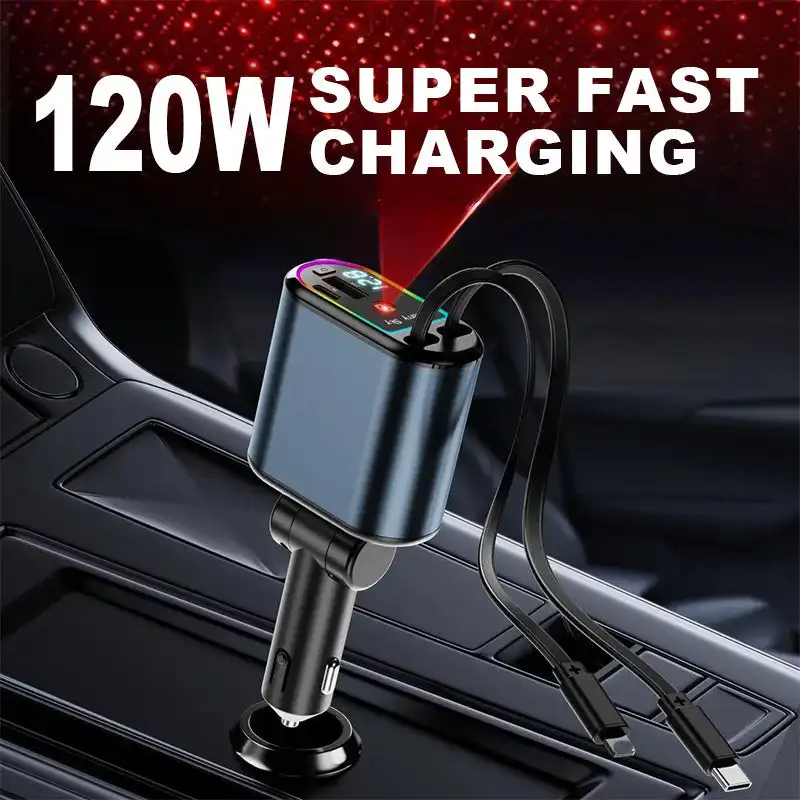 

Retractable Car Charger with Starlight Type-C 120W Car Charger Adapter 4 in 1 Car Phone Charger with 2 USB Ports Star Top Light