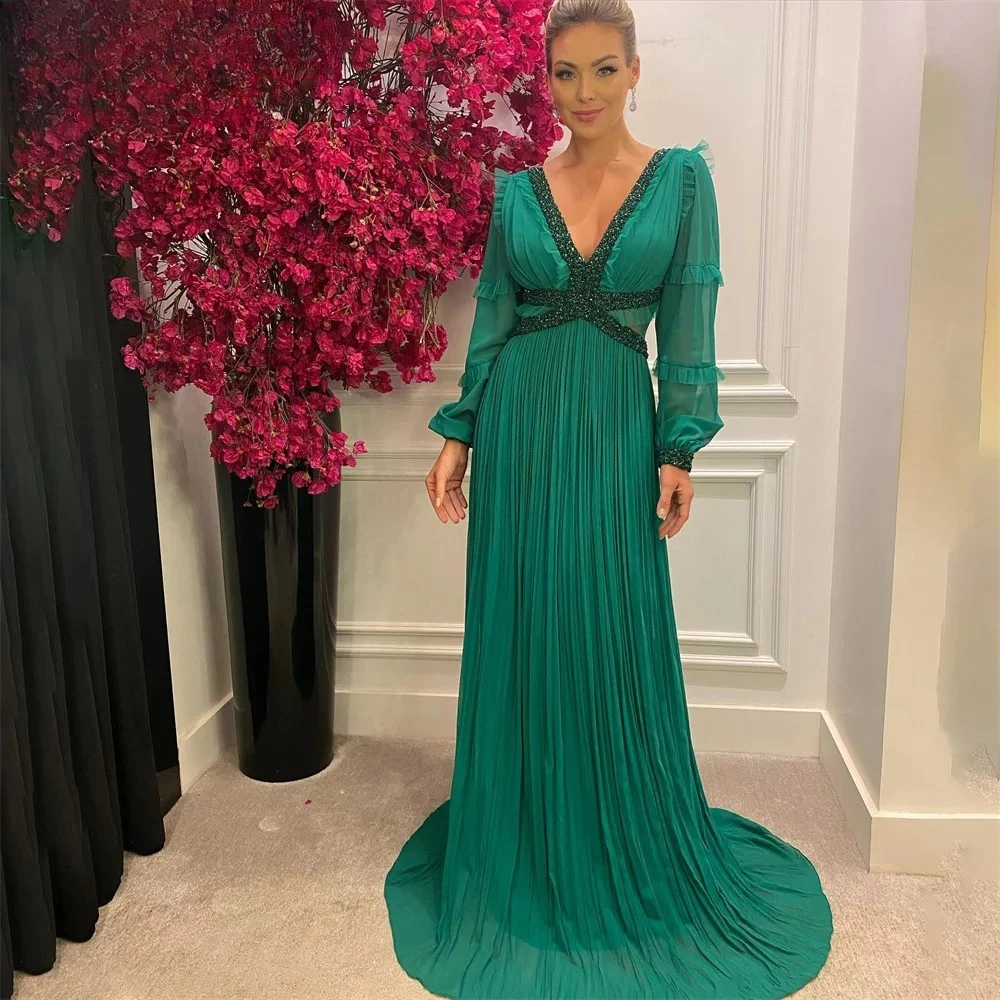 Vestido de Noche Verde Esmeralda con Escote en V Profundo, Manga Larga con Volantes, Cintura con Cuentas de Cristal, Plisado, Cola Larga hasta el Suelo, para Invitadas de Boda o Fiesta de Graduación