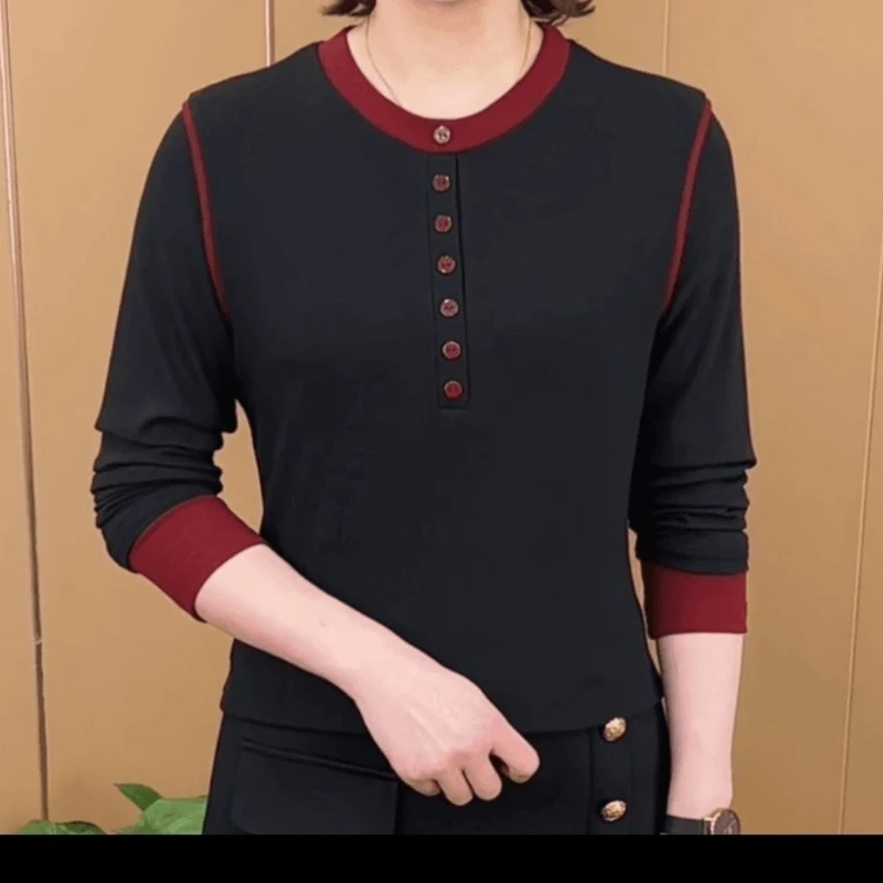 

Contrast Patchwork Harajuku Tops Spring Autumn New Women Clothing Long Sleeve All-match Button Elegant T Shirts Fashion Casual