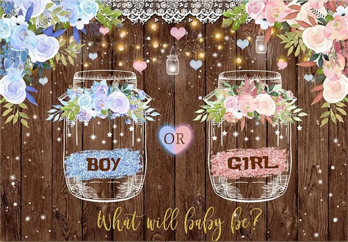 Gender Reveal Backdrop Boy or Girl What Will Baby Be Wooden Photography Background She or He Pink Blue bottle Banner Decoration