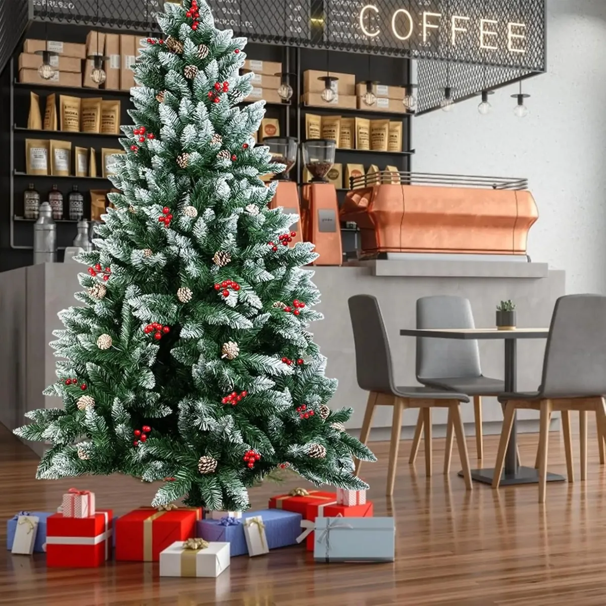

Реалистичная зеленая искусственная рождественская елка длиной 6-7 футов, неразъемая, сосновыми шишками и ягодами падуба, простая установка, прочная металлическая подставка