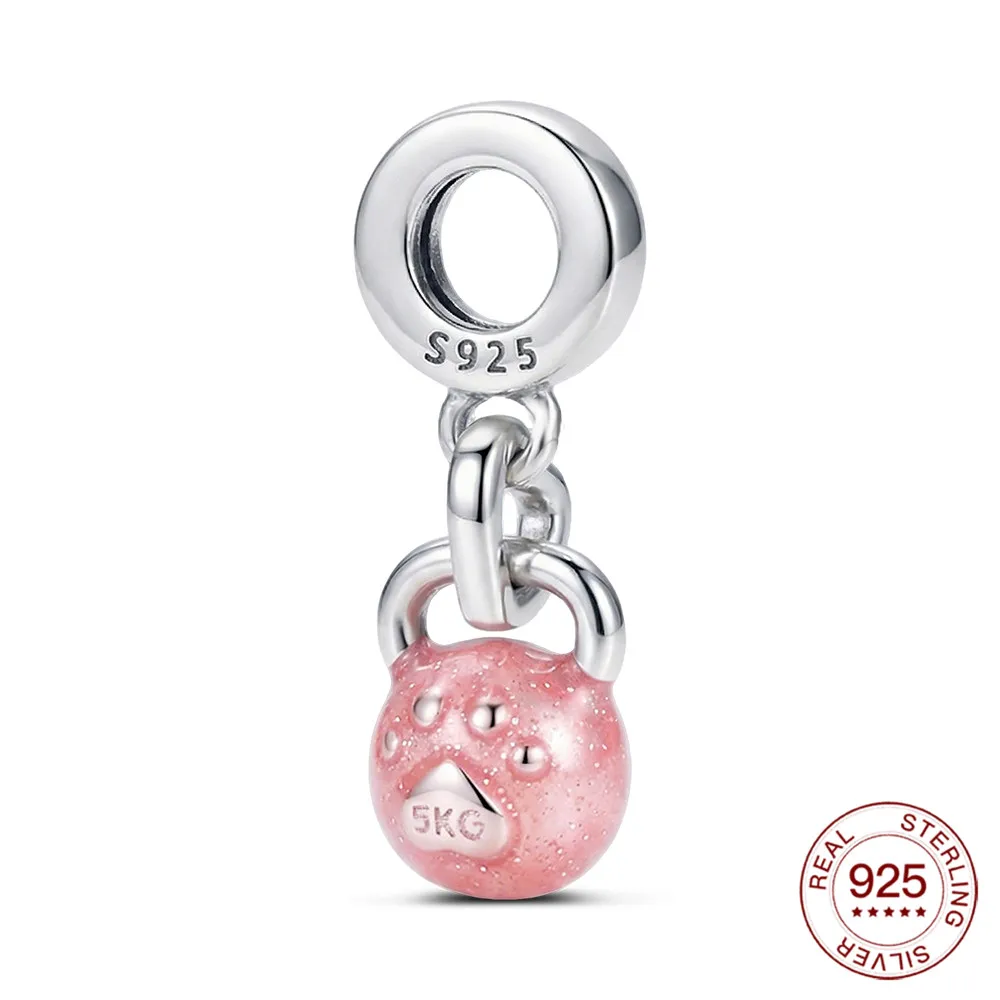 925 Sterling Silver Pink Kettlebell Dangle Charm 5KG Fitness Design Fit Original Charm Bracelet Gym Lover Jewelry Gift For Women