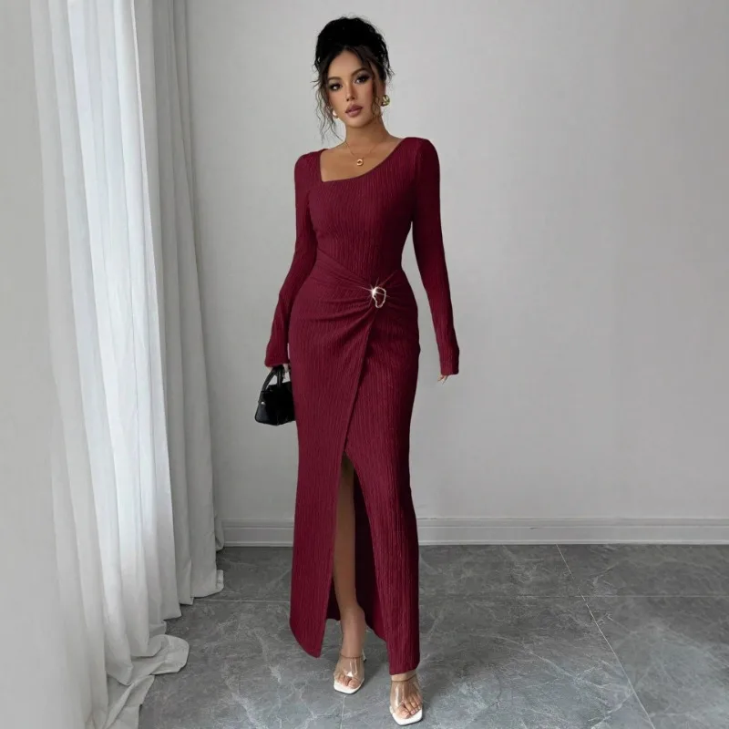 

Luxury Design Women's Clothing Irregular Collar Long-Sleeved Dress Bodycon Party Dresses Pleated Gown Vestidos De Mujer Robe