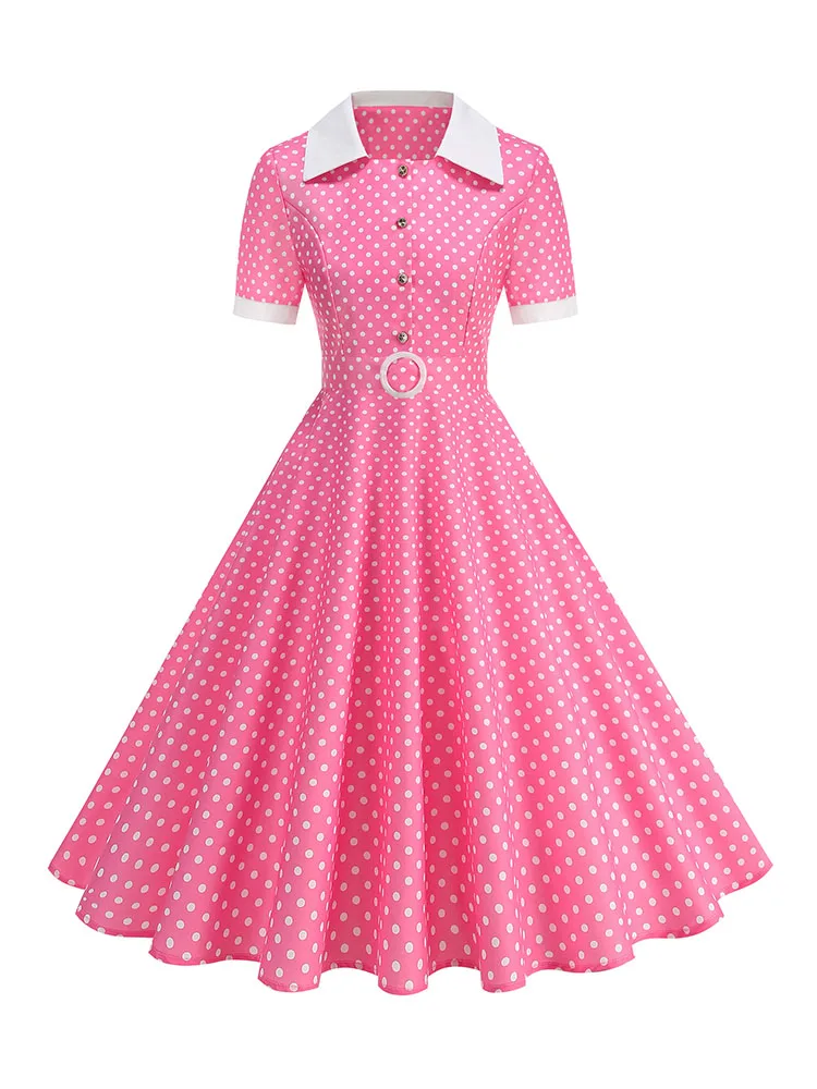 Vintage Women's Summer Dress Polka Dot Peter Pan Collar Sweet Short Sleeve A-Line for Diner & Party