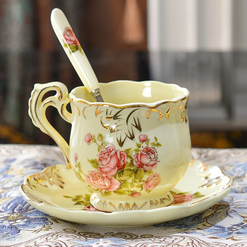 European-Style Ceramic Coffee Cup Suit Water Cup Saucer Afternoon Tea With Spoon Flower Printing Gift Box Desktop Cup suit