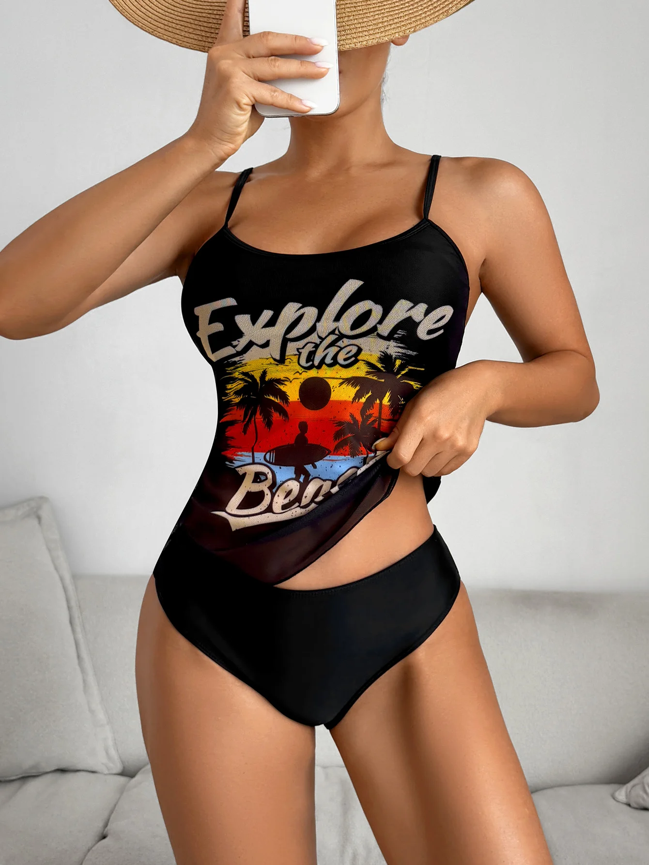 

Купальник-танкини с принтом и сетчатыми вставками на бретелях, 2026, женский, из двух частей, для плавания, пляжный, размер XL