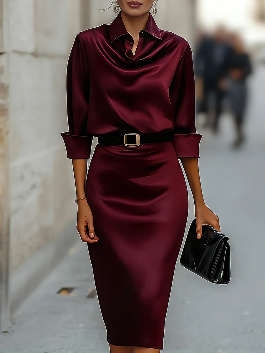 Satin-Kleid mit Wasserfallausschnitt und Gürtel, langärmliges, figurbetontes Midikleid für Damen, elegantes, lässiges Party- und Abendkleid