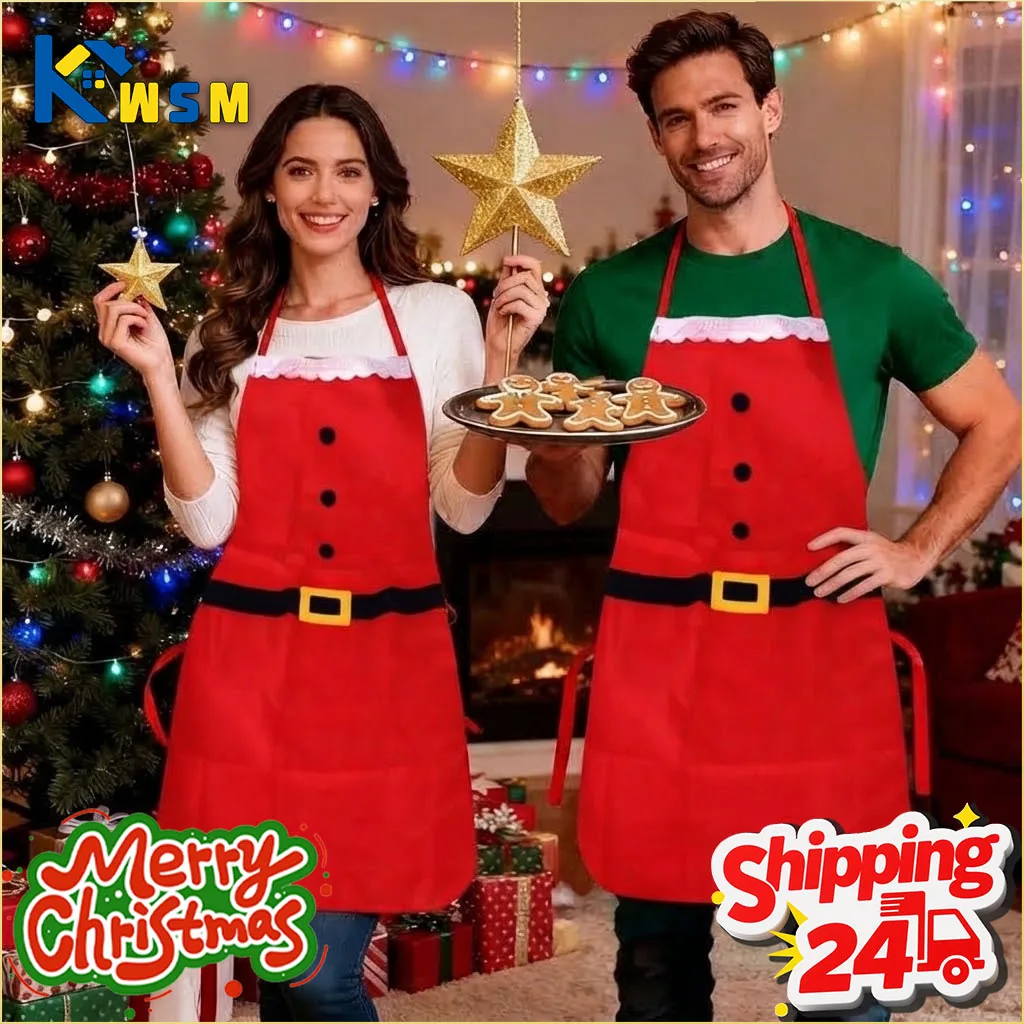 1-10PCS Christmas Apron Adjustable Neck Strap Pocket for Baking Cooking Party Family Home Holiday Festive Decor Supplies