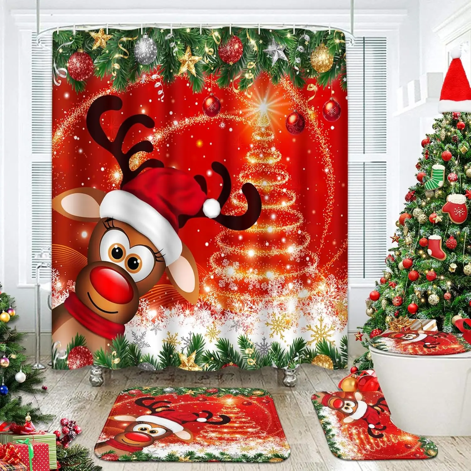 

4 Piece Christmas Shower Curtain Sets, Christmas Deer Pine Branches Xmas Tree with Non-Slip Rugs, Toilet Lid Cover and Bath Mat