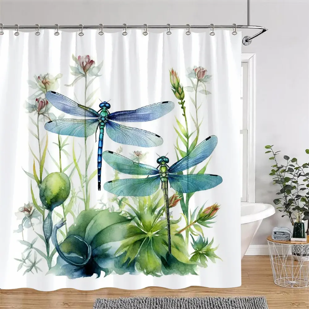 Beautiful Dragonfly Shower Curtain Colourful Butterflies Watercolour Style Printed Pattern Fabric Shower Curtains Bathroom Decor