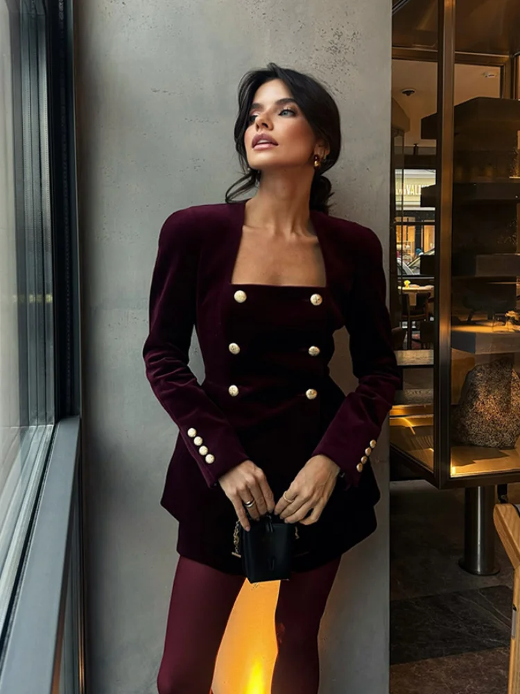 Fashion Square Neck Metal Double Breasted Mini Skirt Set Elegant Burgundy Metal Buttons Slim Long Sleeve Tops Mini Skirt Suit