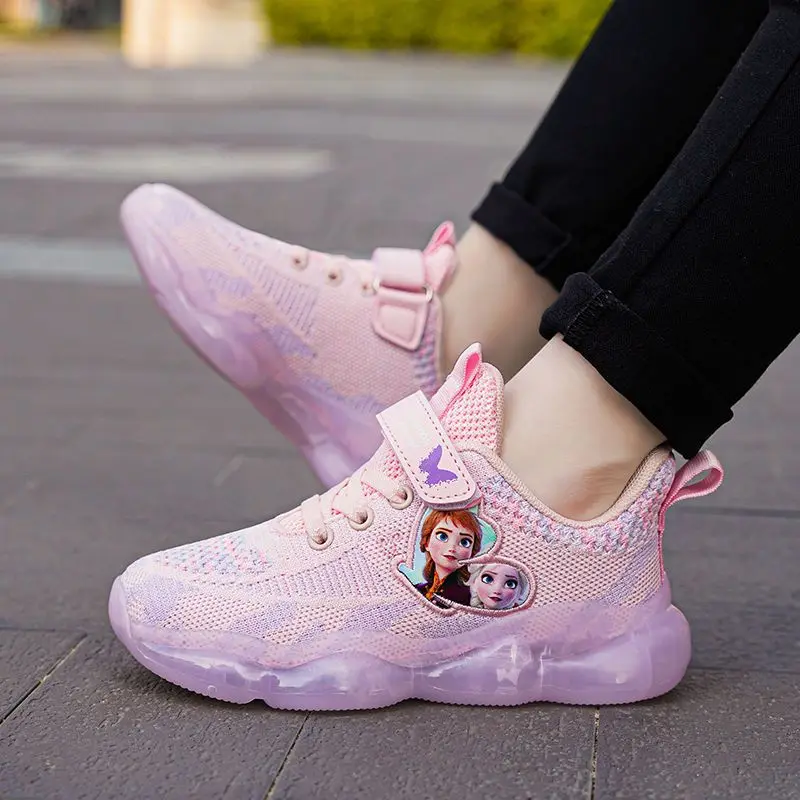 Disney Girls\' Casual Shoes Mesh Breathable Running Shoes Sneakers Pink Purple Frozen Priness Elsa Shoes Size 26-37