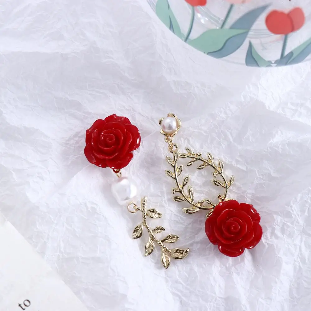 Korean Sweet Red Rose Flower Stud Earrings Elegant Hollow Drop Dangle Earrings For Women Pearl Asymmetric Earrings Girls Party