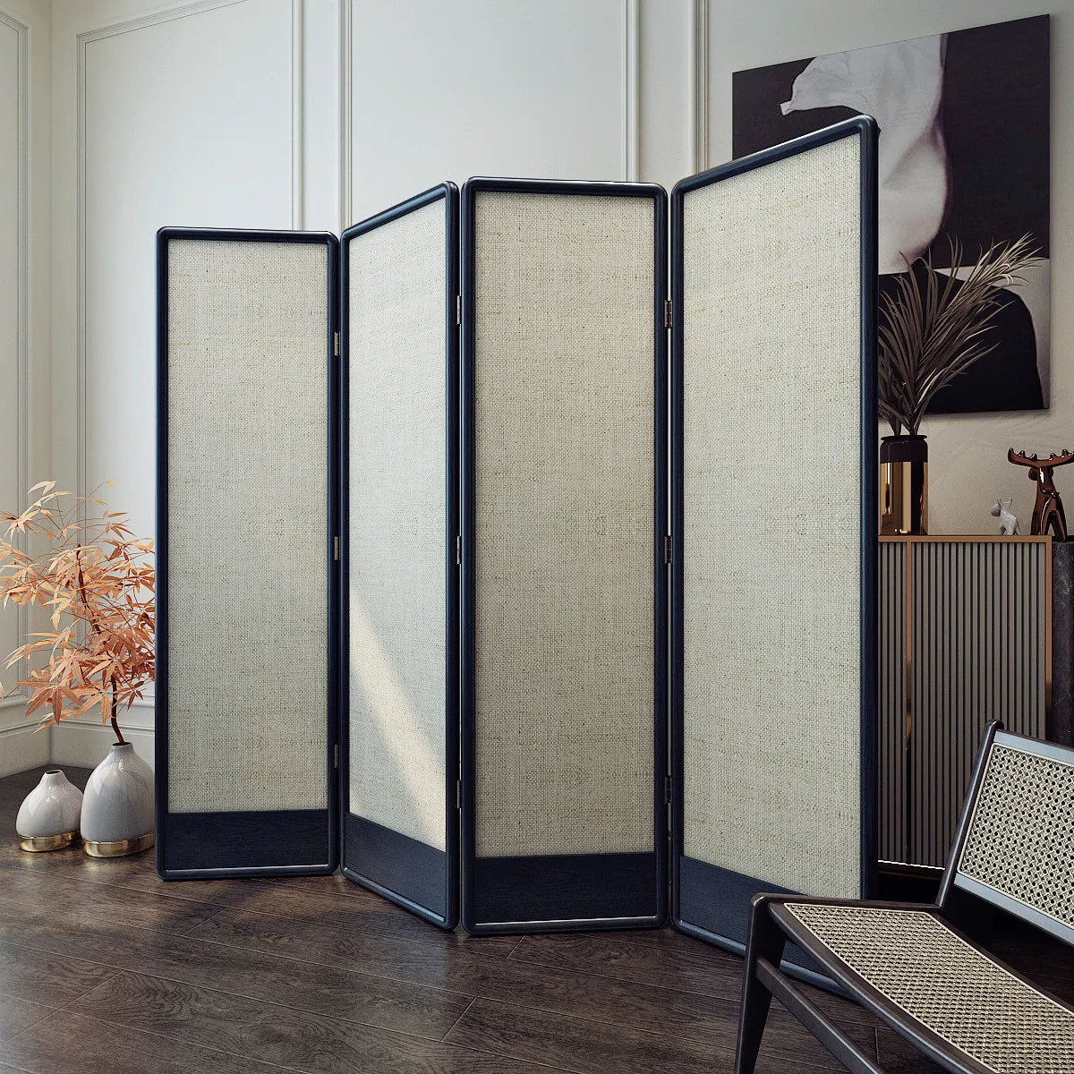 Modern folding office simple cover solid wood cotton and linen fabric decoration mobile conference room folding screen