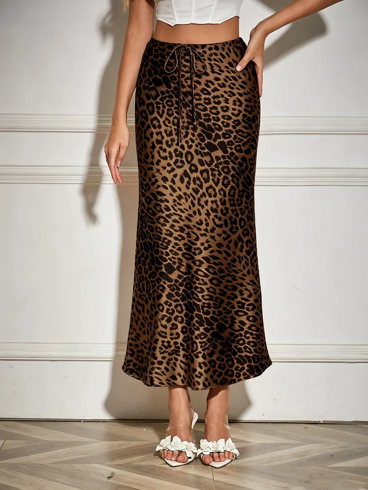 Women's Leopard Print Drawstring Satin Long Skirt 2027 Spring Summer Elegant Fashion High Waist Faldas