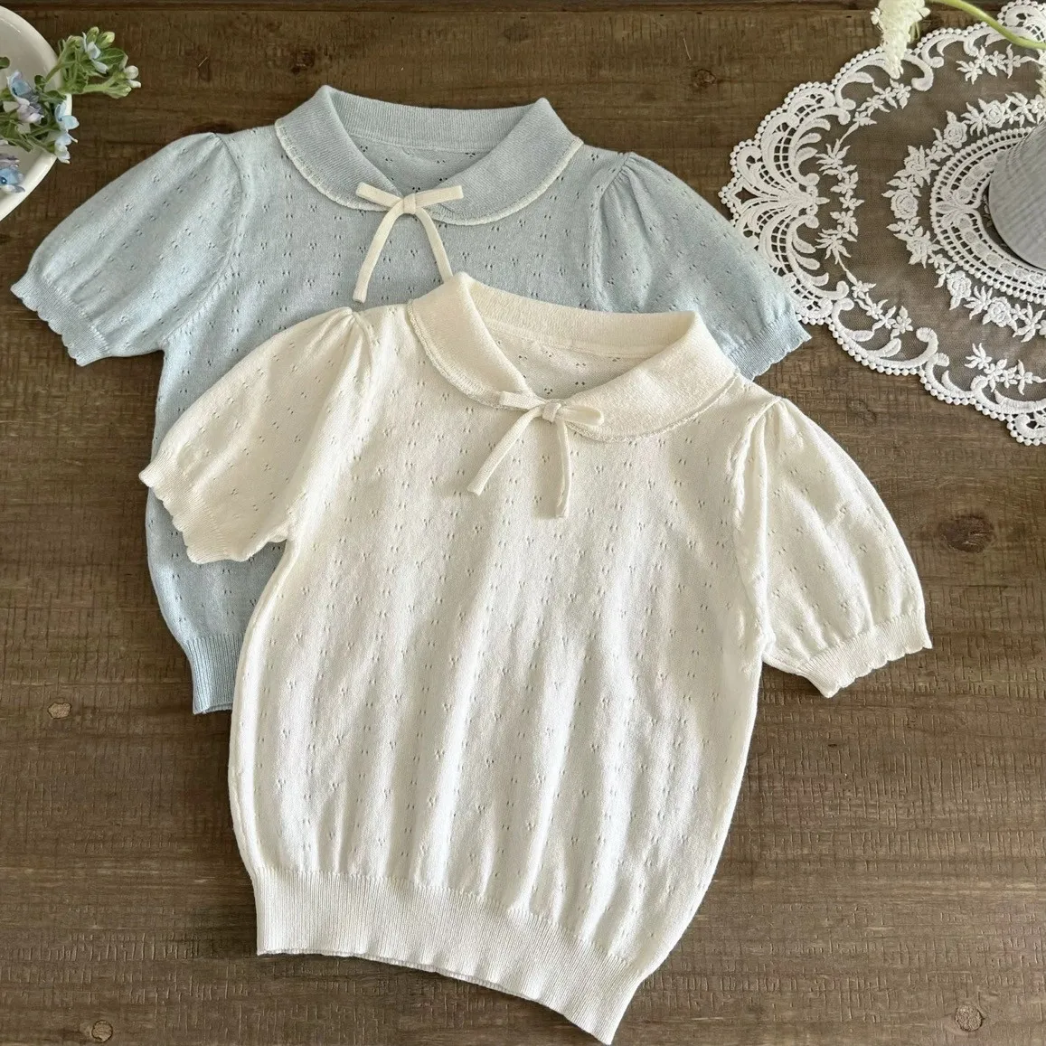 

Girls' Summer T-shirt Fashion New Style Children's Collar Short Sleeve Hollow Knitted Top