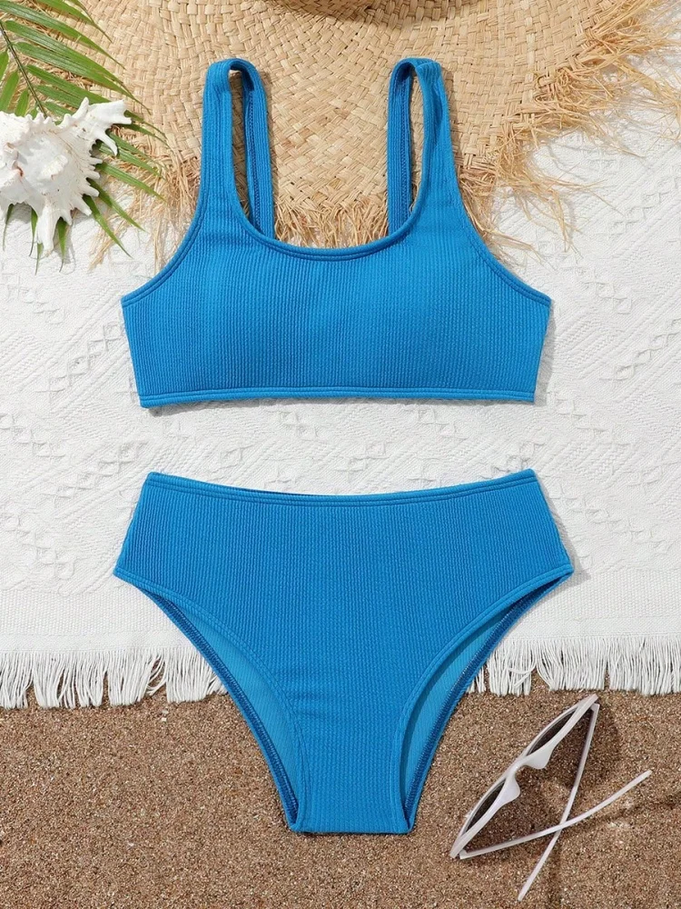 

Bikini Girls Kids Swimsuit 2025 New Blue Ribbed Sling Children Swimwear Summer High Waist Two Piece Beach Bathing Suit Swimming