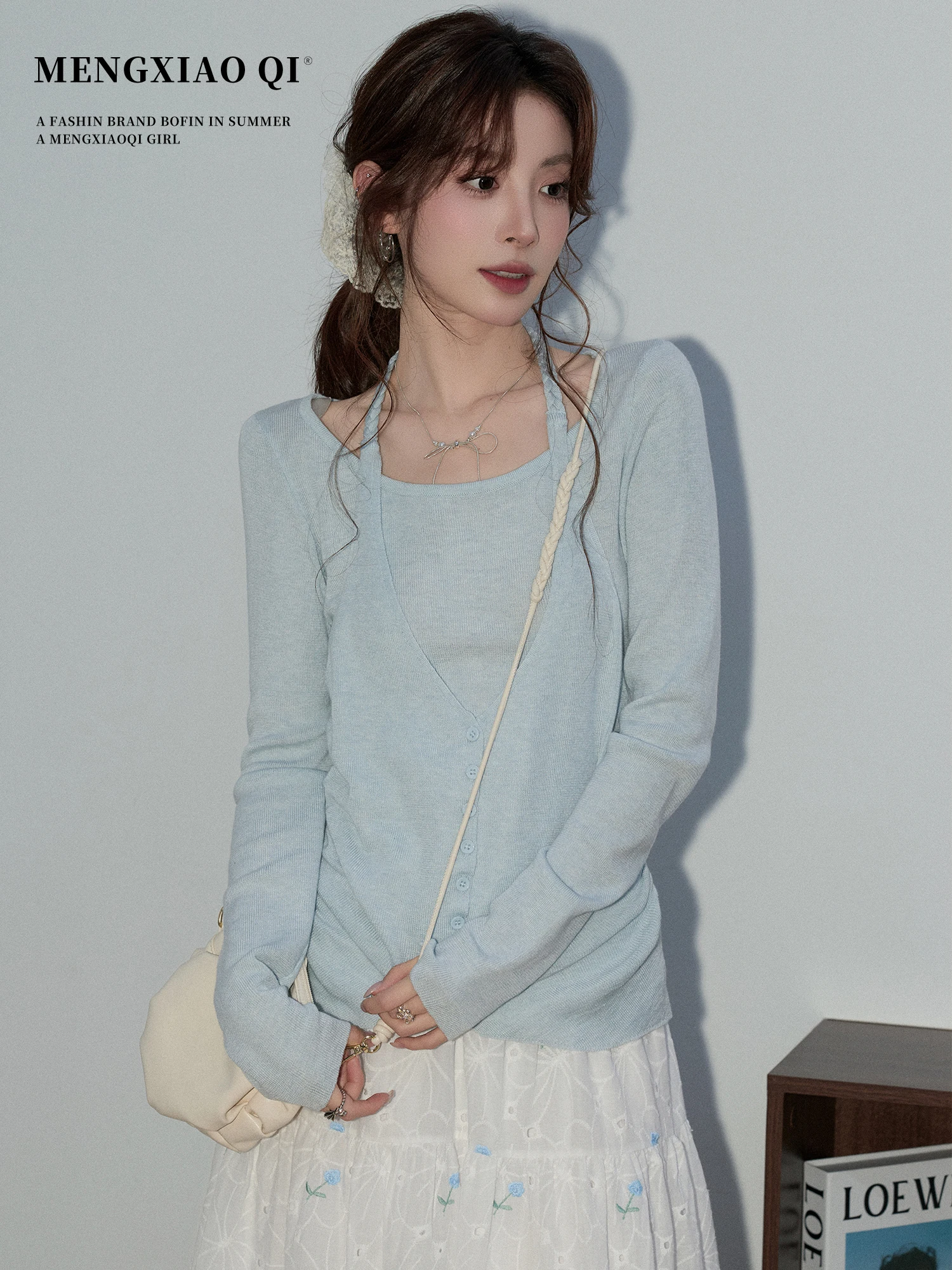 

Вязаный комплект из двух предметов Ele: женский топ с эффектом похудения, французский стиль, длинный рукав, стандартная длина, застежка на пуговицах