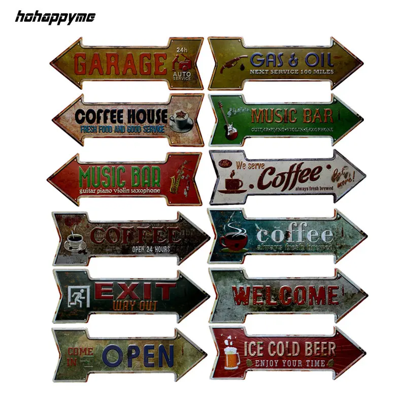 Retro Arrow Shaped Metal Tin Signs Exit Open Signboard Hanging Welcome Sign Garage Bar Coffee Beer Bar Wall Decor